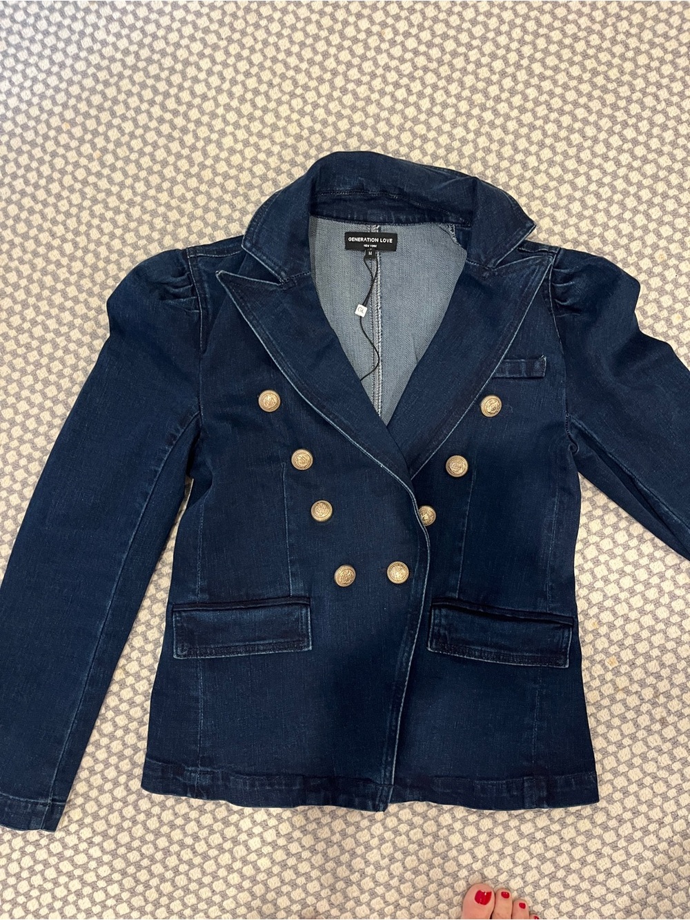 Generation Love Dark Blue Double-Breasted Denim Blazer--size M but runs small